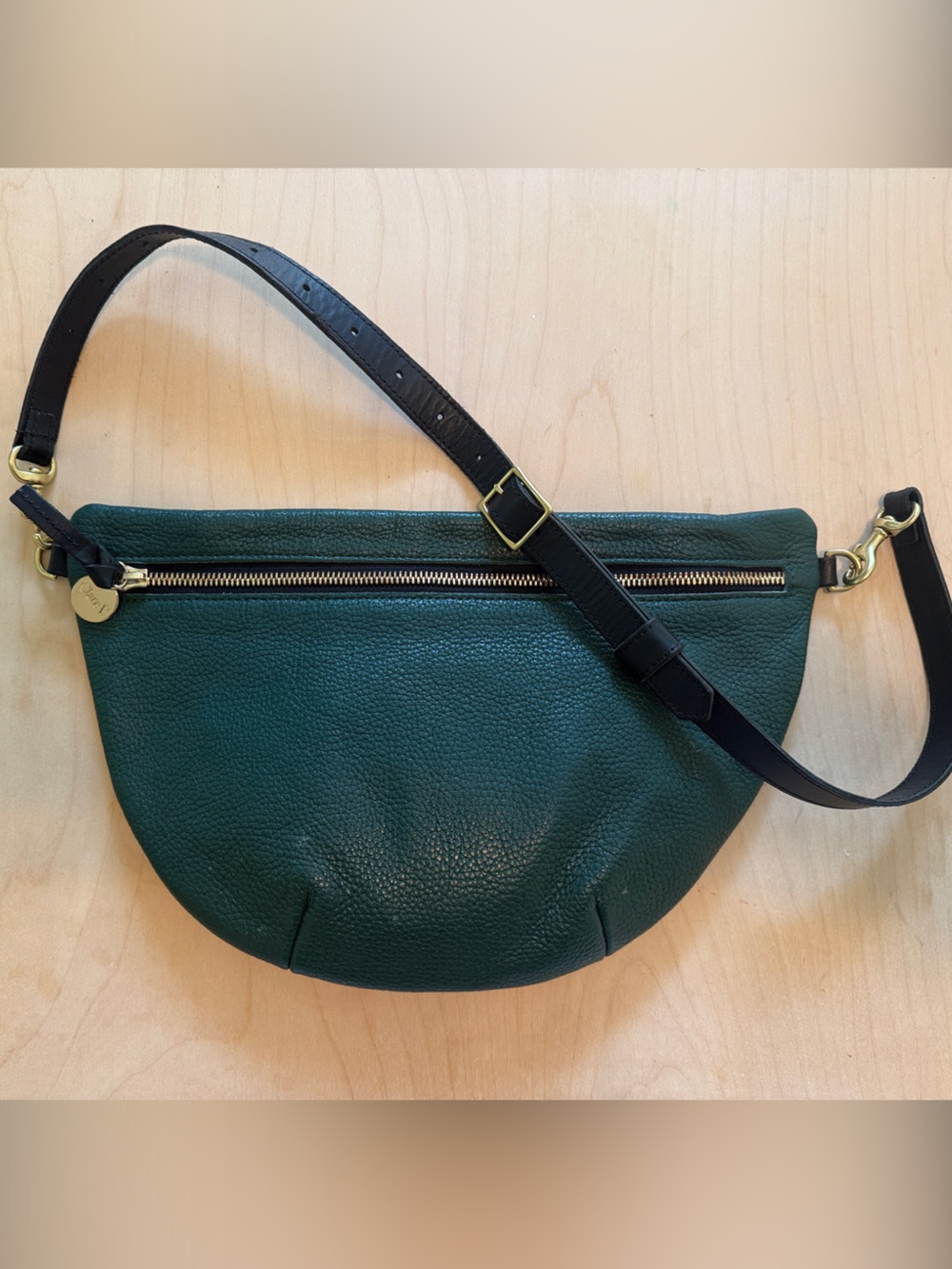 Clare V Grande Fanny Green Leather Crossbody with Black Strap